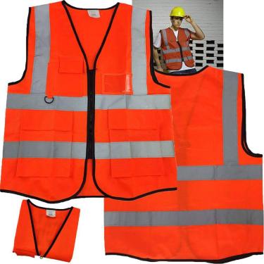Imagem de Colete Faixa Sinalizador Refletivo Fluorescente EPI Segurança Trabalho Transito Engarrafamento Guarda Ziper Bolso