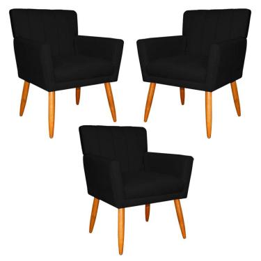 Imagem de Kit 3 Poltronas Decorativa para Sala de Estar Cecília Suede Preto - Montanaris Decor