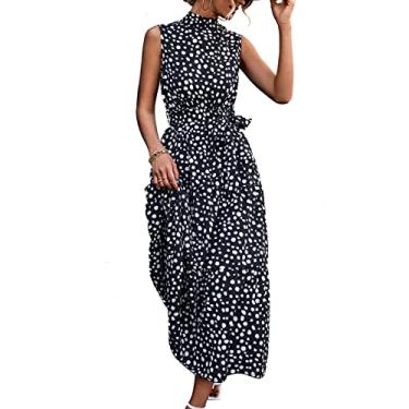 Imagem de Tbest Vestidos, Vestido Estampado de Bolinhas Com Cinto Sem Mangas Gola Midi Comprimento Cintura Alta Vestido de Verão Feminino Verde XL (XL)