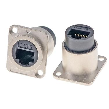 Imagem de HangTon Pacote com 2 acopladores de soquete de painel RJ45 Cat6 conector à prova d'água de rede Ethernet, cabo em linha tipo D extensão fêmea para fêmea, passagem de anteparo IP65