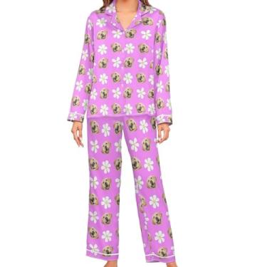 Imagem de JUNZAN Conjunto de pijama feminino de cetim coral personalizado manga comprida pijama pijama feminino macio com botões, Roxo, rosa, P