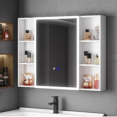 Imagem de Armários de espelho de banheiro, armário de espelho iluminado por led montado na parede, armário de banheiro de led com espelho, almofada desembaçador antiembaçante L90*W12*H65cm White