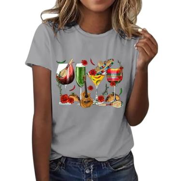 Imagem de CIN co de Ma yo Camiseta feminina mexicana Fiesta taça de vinho estampada tops verão solto confortável túnica camisetas blusas elegantes, Cinza, G