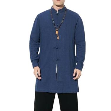 Imagem de MQMYJSP Chinese Clothing Casaco masculino fino de algodão casaco médio longo Hanbok roupão longo chinês corta-vento, Azul marino, G