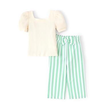 Imagem de PATPAT Conjuntos de roupas para meninas, gola quadrada, malha canelada, manga curta e listras de cintura alta, calças largas, Verão verde, 3 Anos