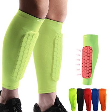 Imagem de Protetores de canela HiRui para crianças adultas, manga de compressão de panturrilha com almofadas de colmeia de mel, suporte para caneleira de beisebol, Kickboxing MTB, leve (1 par), Bright Yellow, XX-Large