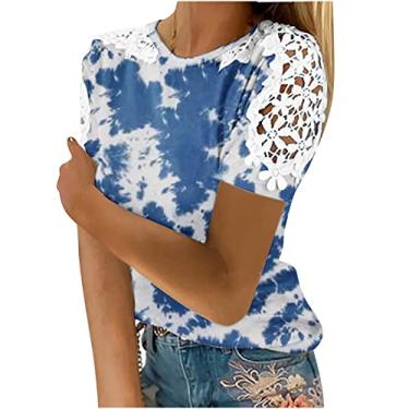 Imagem de Blusa feminina floral de renda patchwork manga curta moderna 2024 tops de verão camisetas casuais macias roupas da moda, Azul, 3G