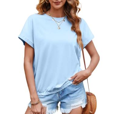 Imagem de Tankaneo Camisetas femininas de manga curta de verão com gola redonda e bainha elástica, Azul-celeste, M