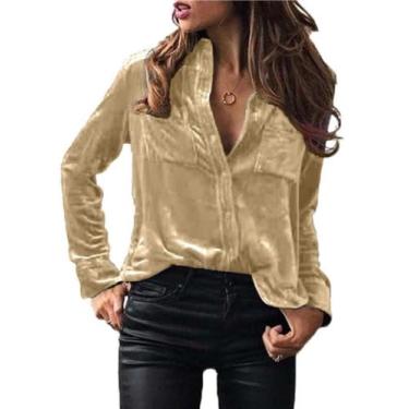 Imagem de Chvity Blusa feminina vintage de veludo com botões e manga comprida para bolso, Tops de veludo bege, GG