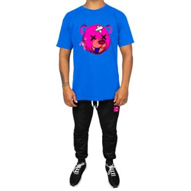 Imagem de Kit Conjunto Masculino Camiseta Algodão e Calça Moletom Casual Estampado Urso Rosa (Azul Claro, G)