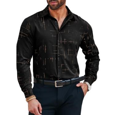 Imagem de Runcati Camisa masculina de manga comprida com botões xadrez metálico para festa, Preto, G