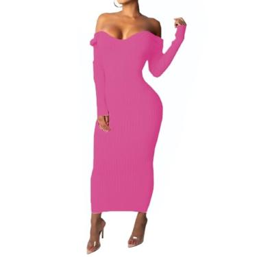 Imagem de SheKiss 2024 Vestido suéter feminino ombro de fora envolto manga longa bodycon coquetel festa vestidos rosa, 753rose, G