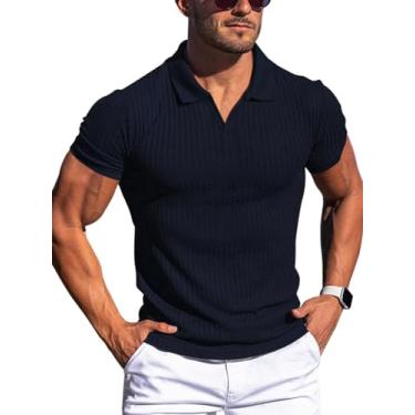 Imagem de YKR Camisa polo masculina gola V slim fit manga curta camiseta de golfe malha canelada macia stretch, Azul-marinho, P