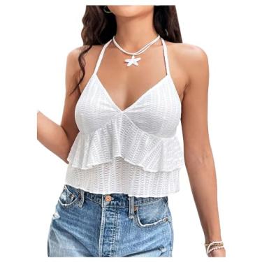 Imagem de SOLY HUX Blusa feminina de verão gola V frente única com babados em camadas sexy para sair, Branco liso, M