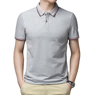 Imagem de Polos masculinos algodão listrado colarinho cor sólida tênis camiseta umidade wicking seco manga curta secagem rápida leve esporte casual(Color:Gray,Size:M)