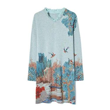 Imagem de HangErFeng Pulôver feminino de lã, pintura chinesa, estampado, tricotado, gola V, mangas compridas, suéter vestido quente 1517, Azul, 4G