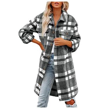 Imagem de Jaqueta feminina de flanela xadrez plus size lapela abotoada casaco manga comprida roupas femininas, Cinza, XXG