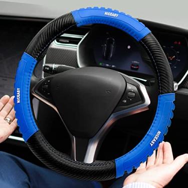 Imagem de NICEASY Capa de volante de fibra de carbono preta estilo esportivo com tira azul, acessório de volante de ajuste universal de 36,8 a 38,7 cm