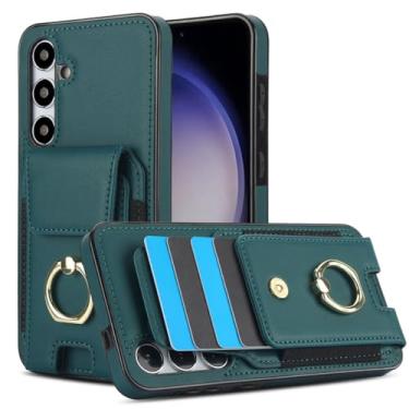 Imagem de Capa de telefone com suporte de anel de carteira de cartão para Samsung S24 S22 Ultra Plus S23 S21 FE A15 A54 A73 A53 A72 A52 Capa de couro de vaca, verde escuro, para Samsung S21Ultra