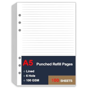 Imagem de Refil de papel pautado A5, refil de caderno de 6 furos para fichário recarregável de 6 anéis, papel de enchimento A5, papel de folha solta para refis de planejador Filofax, organizador, 100 folhas/200