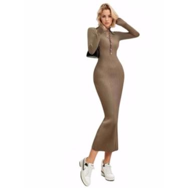 Imagem de MAAYKOM Vestido feminino sexy envolto nas nádegas manga comprida botão lapela slim fit tricotado, Caqui, G