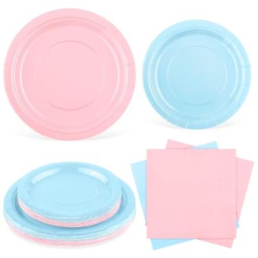 Imagem de Ruisita 48 peças de artigos de festa reveladores de gênero para bebê, rosa claro e azul claro, incluindo pratos de jantar de papel de 17 e 23 cm, guardanapos de 2 camadas para casamento, aniversário,