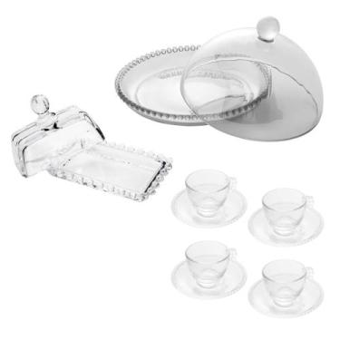 Imagem de Kit Jogo de 4 Xícaras de Café, Queijeira com Tampa e Manteigueira de C