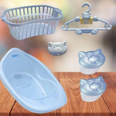 Imagem de Cabide 6 pç bebe banheira 22 l cesto telado de roupa lixeira - Plastbr