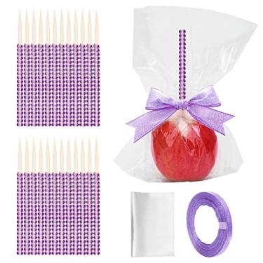 Imagem de Kit de bastão de bambu com 48 + 1 peça, bastão brilhante Anglecai 24P para espetos de madeira com strass de maçã, com 24P sacos, 1P fita de glitter de 25 jardas, bastão brilhante para petiscos crocantes de maçã e pirulito de caramelo