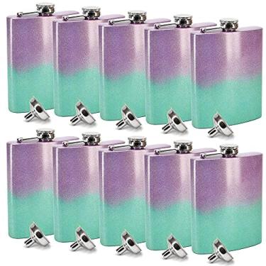 Imagem de Clear Water Home Goods - Cantil de quadril de aço inoxidável brilhante com glitter holográfico sereia de 236 ml com funil - festa de casamento - padrinho - dama de honra (pacote com 10)