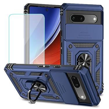 Imagem de Vokuha Capa para Pixel 7A, capa para Google 7A GWKK3 com protetor de tela de vidro temperado e capa de câmera deslizante, capa magnética com suporte de anel giratório de 360° para Google Pixel 7A azul