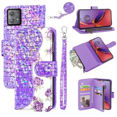 Imagem de Dibosom Capa carteira floral para Motorola Moto G84 5G com alça de pulso alça de ombro flip zíper bolsa porta-cartão, suporte de couro PU de luxo brilhante brilhante brilhante capa de celular para G