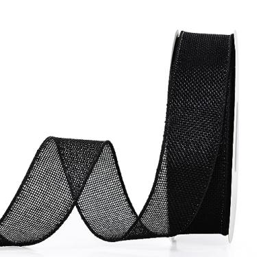 Imagem de YAMA Fita com fio de serapilheira, preta, 1-1/2" x 20 jardas, para artesanato, grinalda, fabricação de arco e decoração de casa