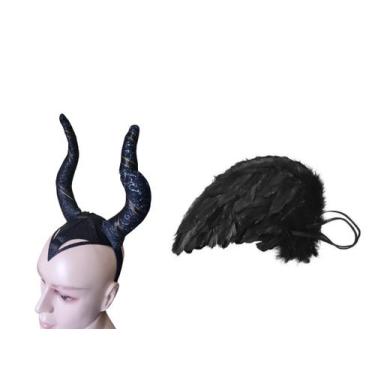 Imagem de kit Fantasia hallowen Arco Tiara Com Chifre preto +Asa Preta - Lynx pr