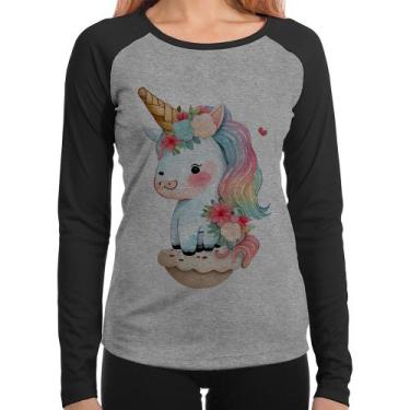 Imagem de Baby Look Raglan Unicórnio Bebê Manga Longa - Foca na Moda, Cinza, Pre