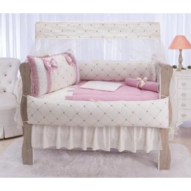 Imagem de Kit enxoval para berço essence na cor rosê fundo palha - menina - MEDI