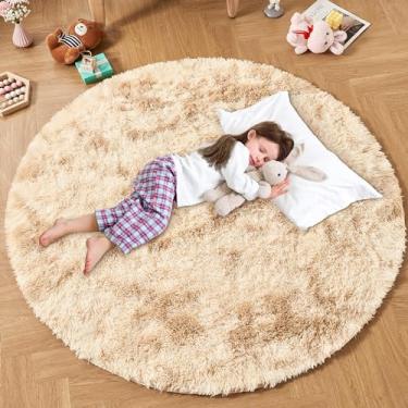 Imagem de Andency Tapete redondo bege tingido para sala de estar, tapete felpudo 10 x 10 para quarto, tapete circular fofo para berçário, quarto de crianças, tapete circular de pelúcia felpudo para dormitório e