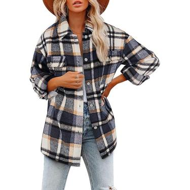 Imagem de Camisa Feminina Checed Patchwor Xadrez Checed Camisa Flanela Blusa Casual Camisa Oversized Jacet Lumberjac Camisa Manga Longa Camisa Blusa Blusa Camisa, Azul a,3XL