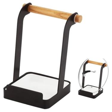 Imagem de Suporte para tampa de panela, suporte multifuncional para cozinha com alça de madeira e pia de água - suporte para tampa e descanso para colher para organizador de ferramentas de cozinha(Black)