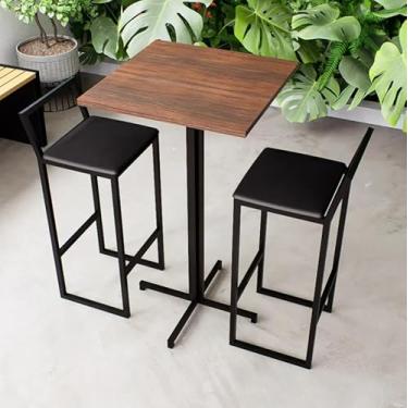 Imagem de Conjunto Mesa Alta Bar Bistrô Quadrada Imbuia 2 Banquetas Confort Estofado Industrial Black (Preto)