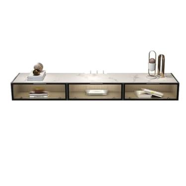 Imagem de Meuble télé Suporte de TV flutuante de luxo com mesa de ardósia e portas de vidro dobráveis, prateleira flutuante de 70,8 polegadas/199,9 cm para embaixo da TV, console de mídia montado na parede,