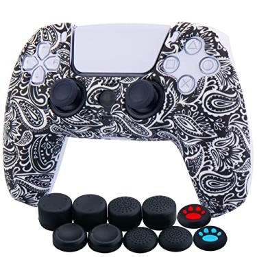 Imagem de YoRHa Capa espessa de silicone com impressão de transferência de água para controle PS5 x 1 (folhas vermelhas) com alças de polegar x 10