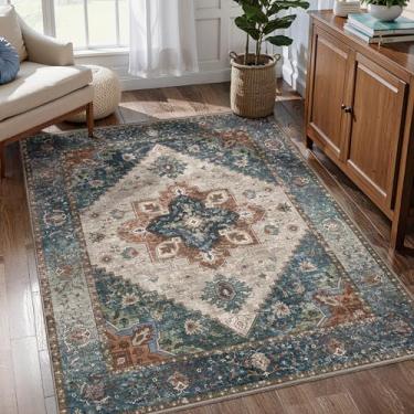 Imagem de Ciicool Boho Tapete de área lavável de 0,9 x 1,5 m Tapete de quarto antiderrapante para entrada oriental Tapete de piso interno de pelo baixo para sala de estar, lavanderia, decoração de hall de