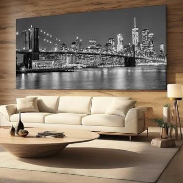 Imagem de Quadro Decorativo para Sala Quarto Hall 100x70 Ponte Manhatan NY Paisagem Preto e Branco Cidade Horizontal Grande Decoração Parede Tela