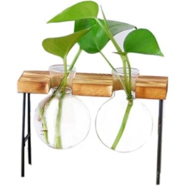 Imagem de Vaso de Vidro Redondo Decorativo para Plantas, Com Suporte de Madeira e Metal para Vaso, Decoração de Mesa, Sala, Banheiro (VASO 3)