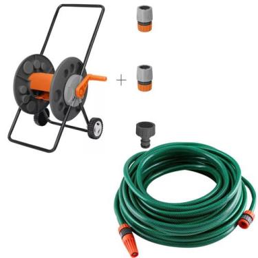 Imagem de Enrolador Mangueira Carrinho Com Rodas + Mangueira Jardim Flex Tramont