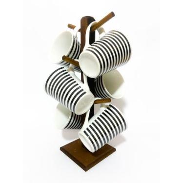 Imagem de Kit Jogo 6 Xicara Grande 240ml listra preta + Suporte Mdf Enfeite Cozi