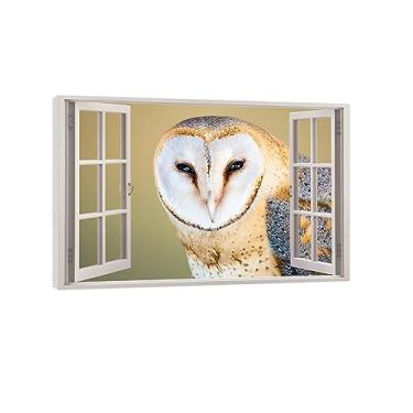 Imagem de JZSDGB Tela de paisagem de janela aberta arte de parede - coruja animal janela paisagem pintura - impressão natural em tela falsa janela vista paisagem imagem de arte para decoração de parede moldura