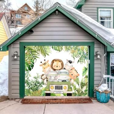 Imagem de Selva Safari Baby Shower Green Forest Garage Door Cover Banner Decorações Pano de Fundo 2,1 x 2,4 m Animais Tropicais Folhas Verdes Capa de Porta de Garagem Aventura ao Ar Livre Safari Suprimentos de
