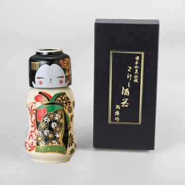 Imagem de Waraku Fuuka Conjunto de cerâmica soju de vinho de saquê tradicional japonês com 1 copo Ochoko e 1 garrafa Tokkuri para presentes (Maiko Kokeshi Kiku)